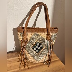 Anthropologie En Shalla Woven Carry All Purse Leather Beaded Tassel Straw EUC